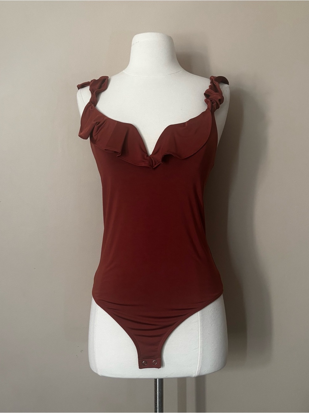 Ruffled V-Neck Bodysuit - Deep Burgundy